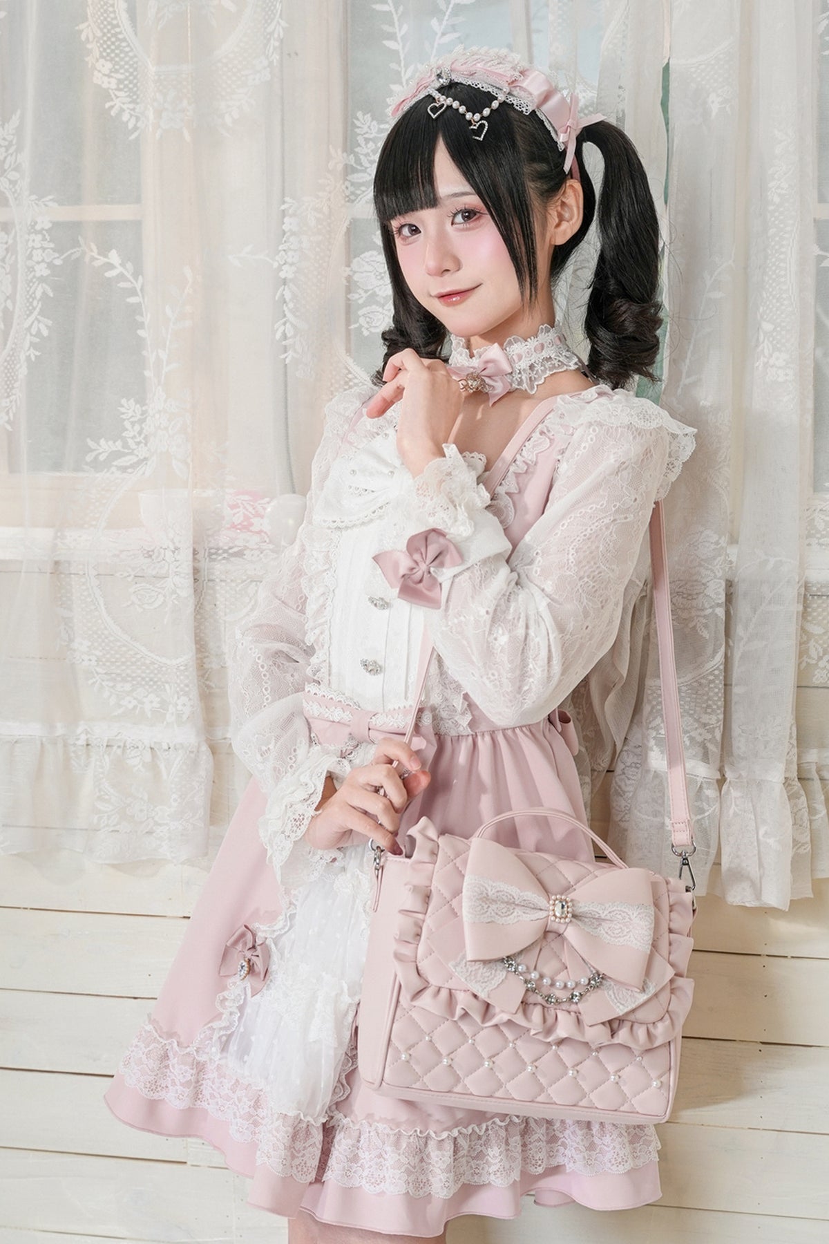 Lace Bow Dress With Hairband+Neck Ring