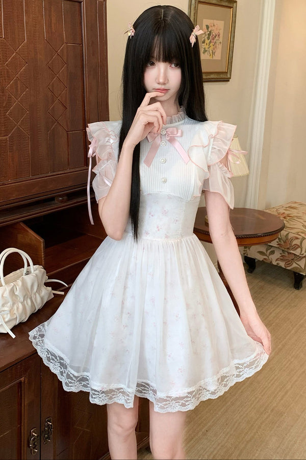 Three-Layer Waist Pearl Button Pink Bow Dress