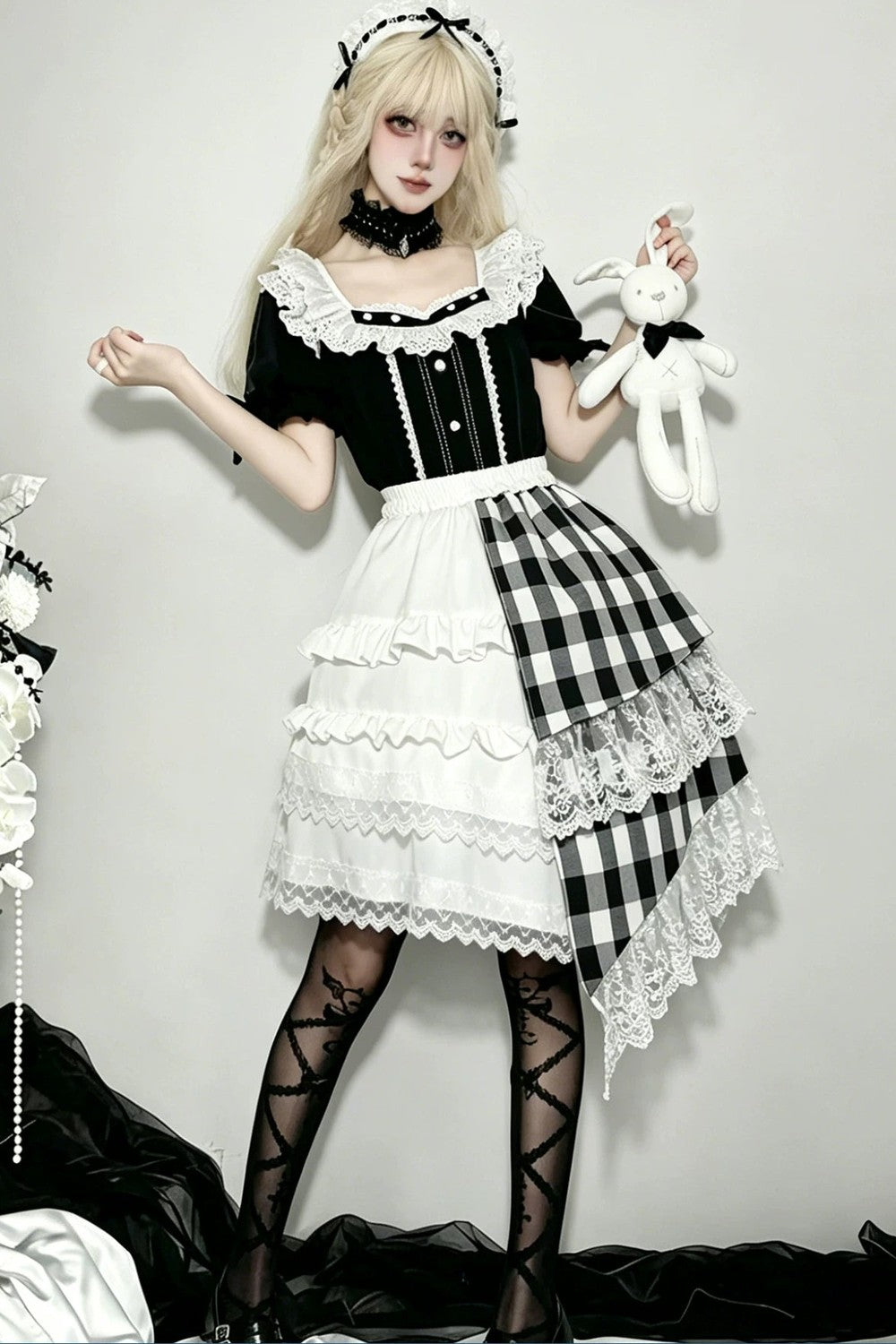 Lace Trim Plaid Skirt + Top + Hair Accessories
