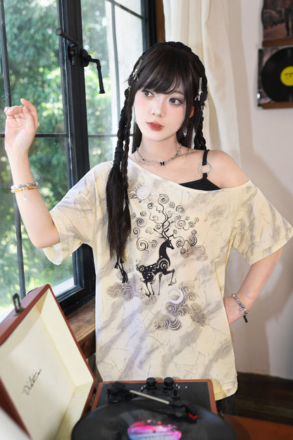 小鹿プリントオフショルTシャツ