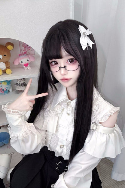 [Pre-order] Cold Shoulder Heart Buckle Long Sleeve Ruffle Lace Blouse with Bow Tie + Lace-Trim Pleated Mini Skirt Set