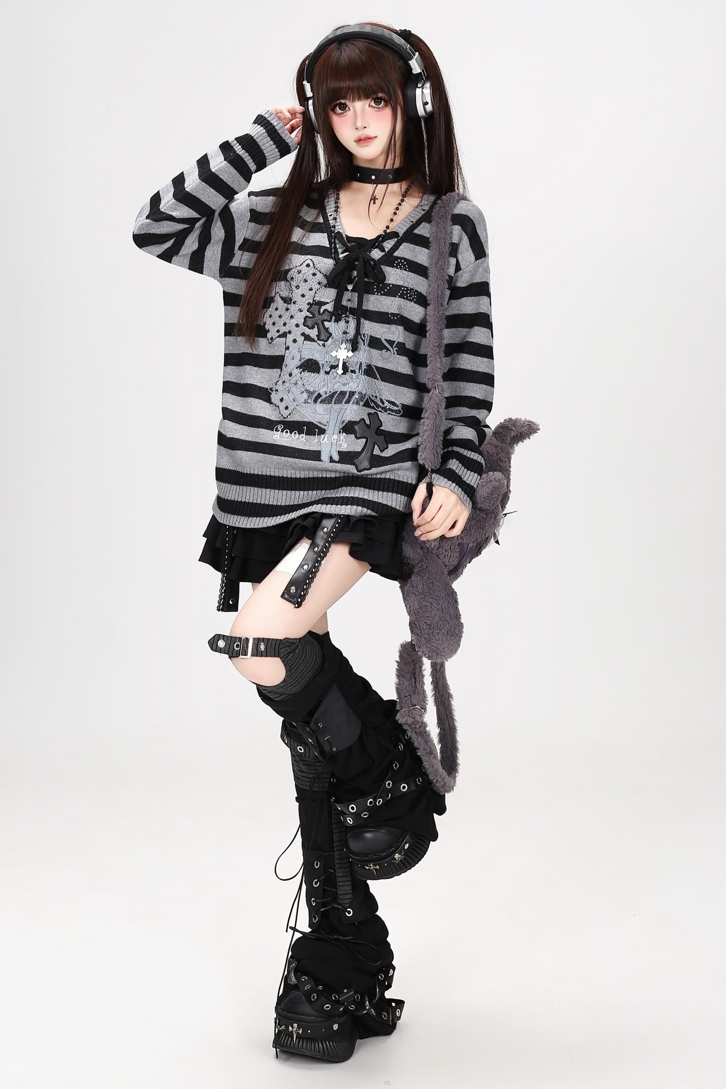 Strappy V-Neck Striped Pullover Sweater