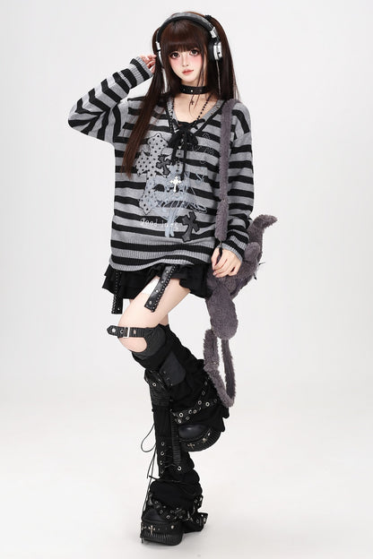 Strappy V-Neck Striped Pullover Sweater