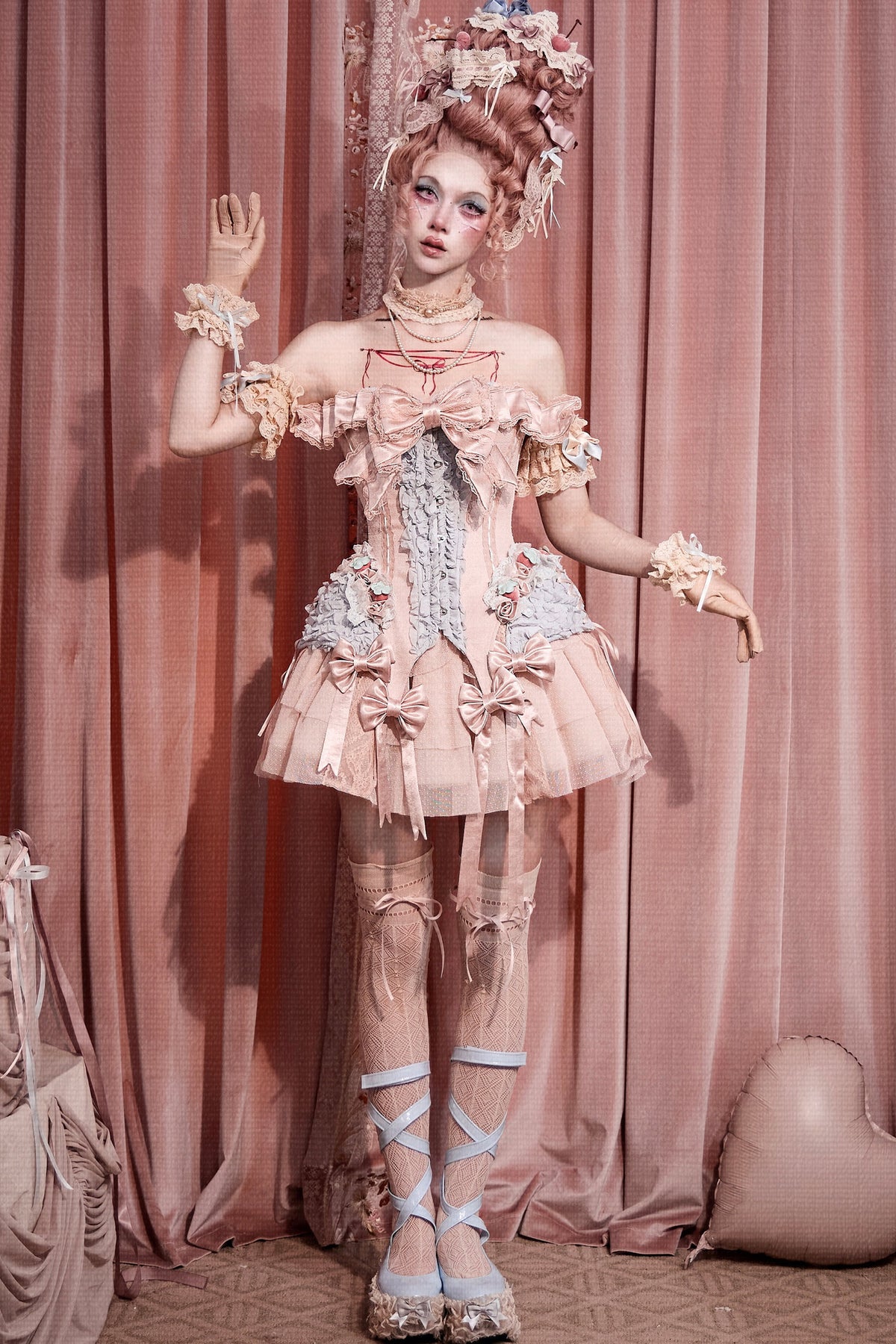 Strawberry Fishbone Corset Top With Necklace And Sleeves Set