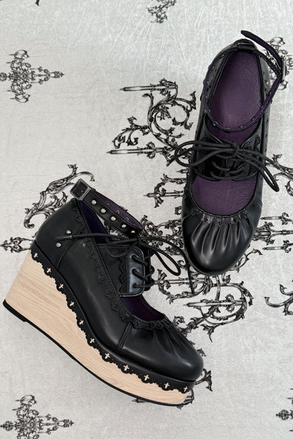 Gothic Lace Wood Grain Platform Wedge Shoes