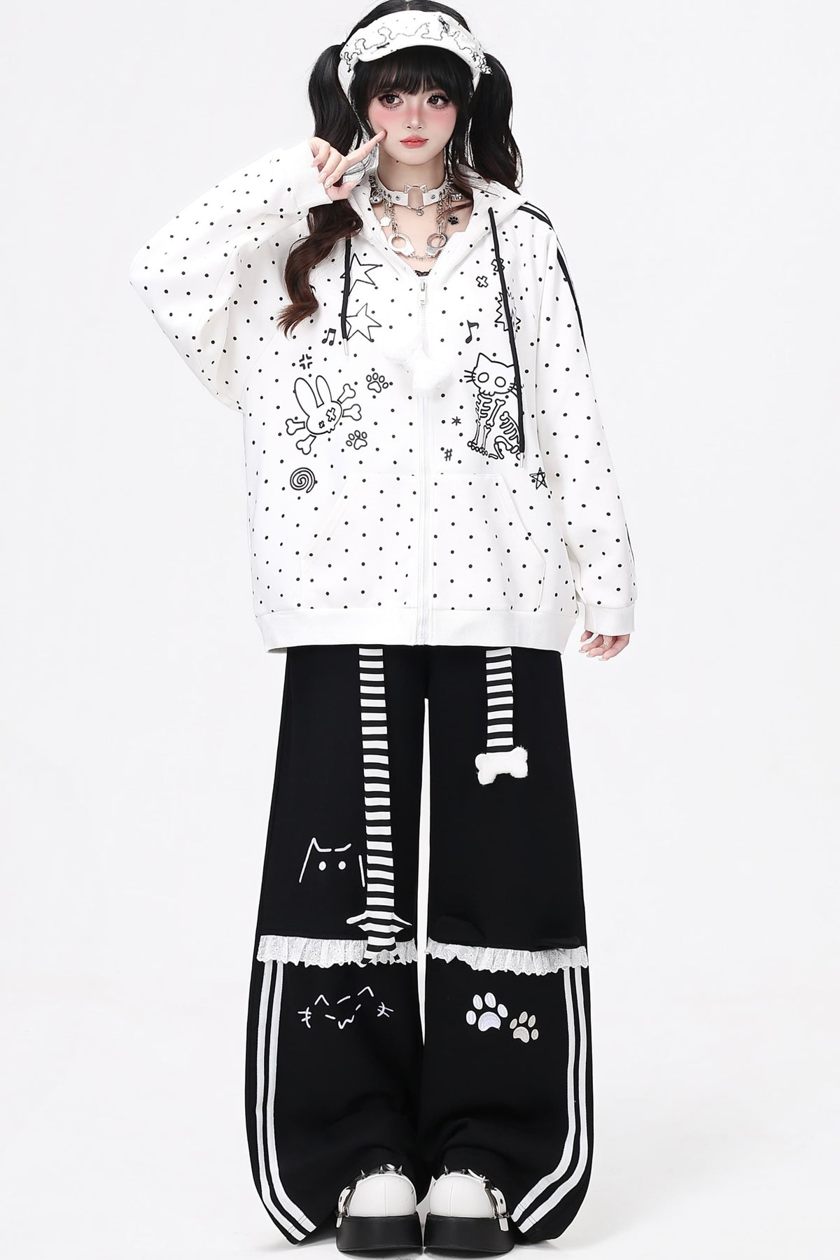Skull Cat Ear Polka Dot Hooded Jacket
