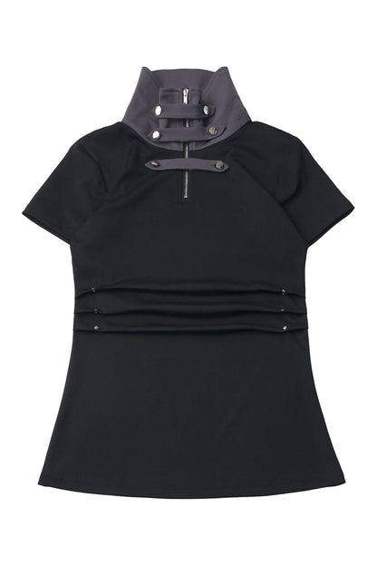 Black and Gray Stand-Up Collar Summer Short Skirt Set-Up