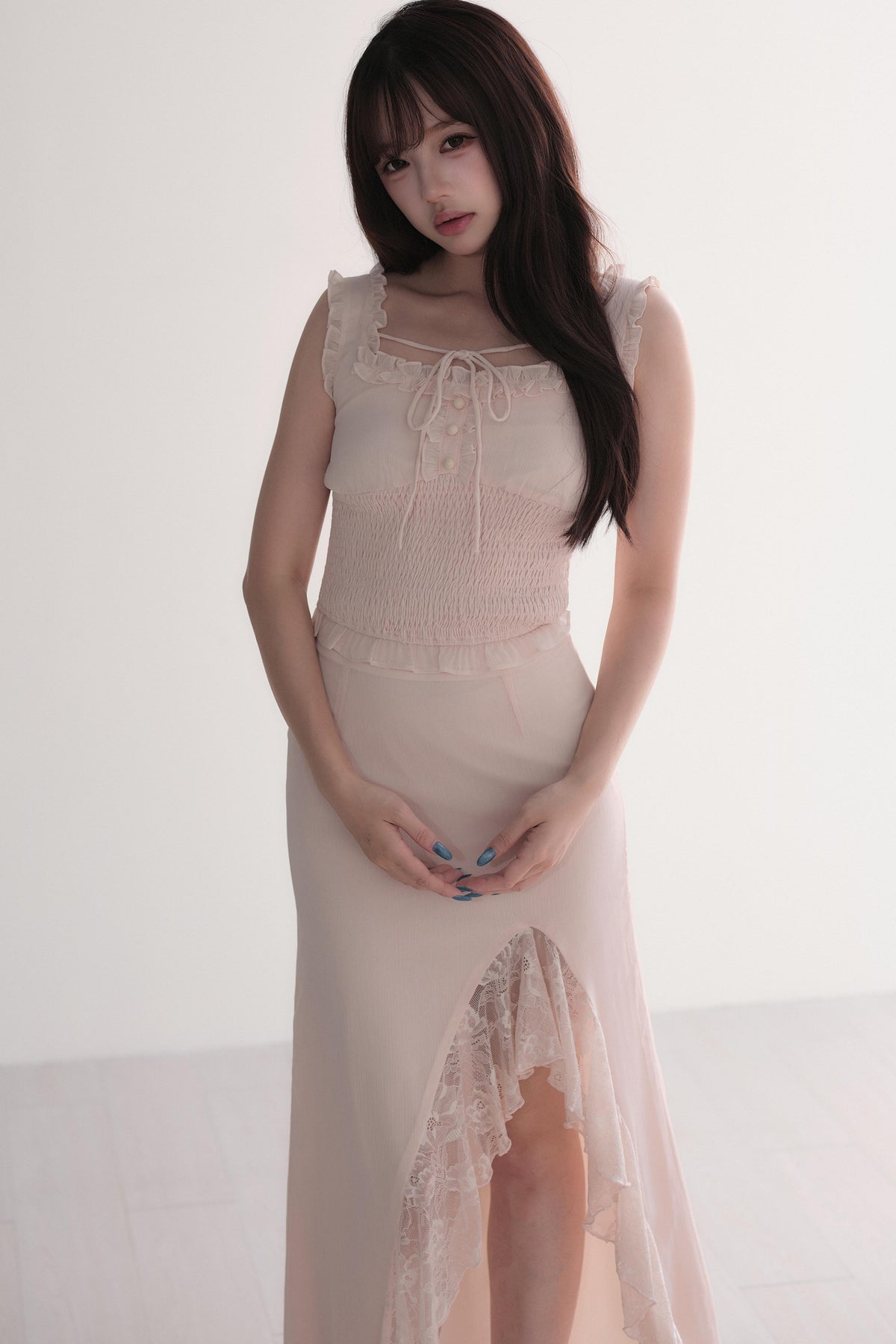 Elegant Ruffle Top & Lace Slit Skirt Set
