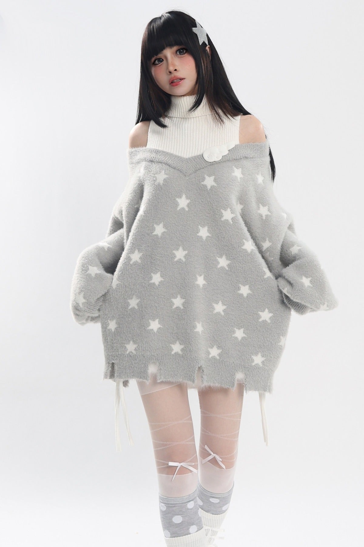 Star Off-Shoulder Layered-Look Sweater