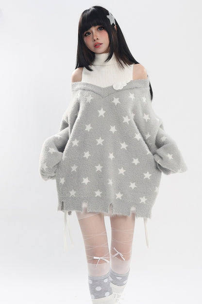 Star Off-Shoulder Layered-Look Sweater