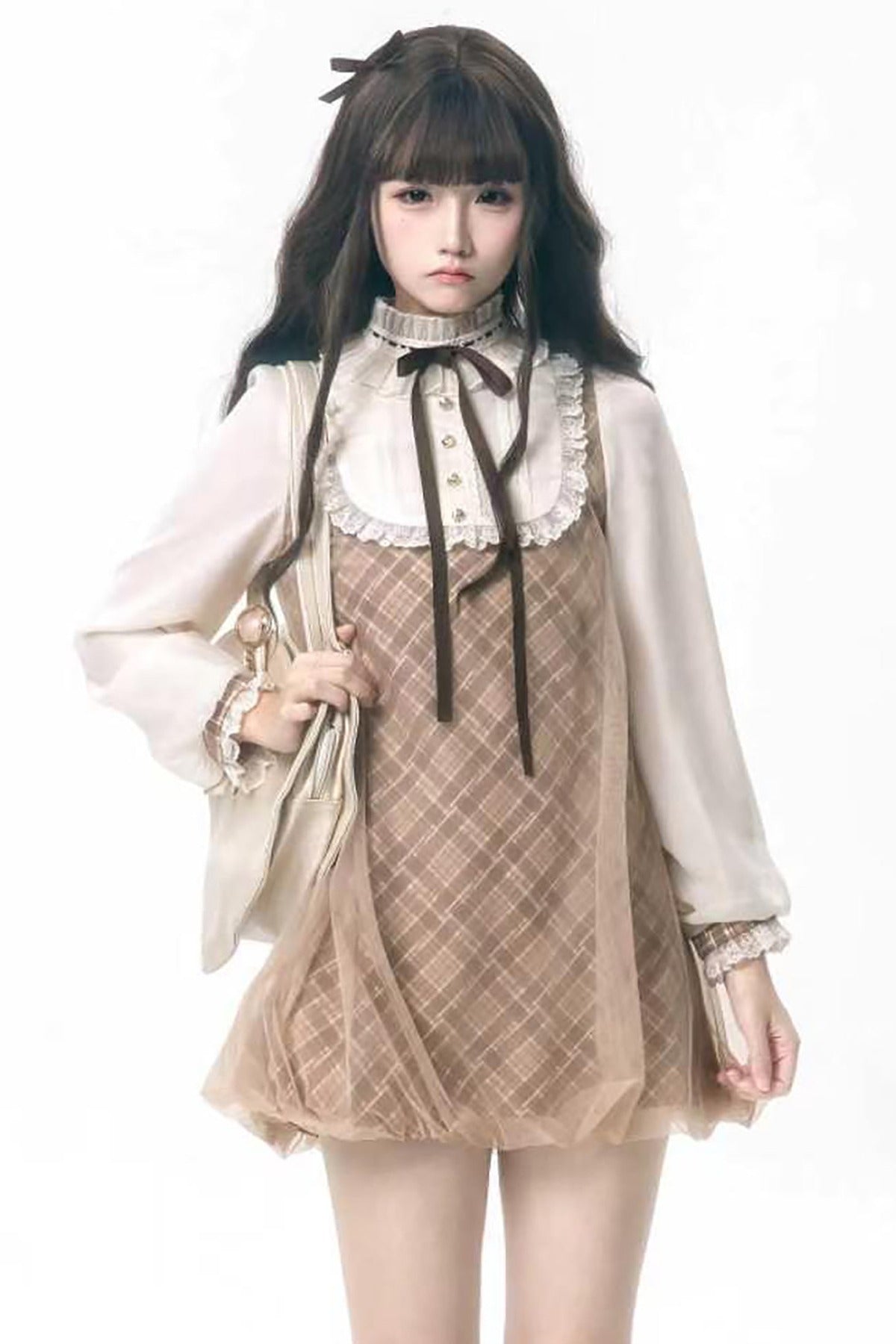 Brown Plaid Puff Dress