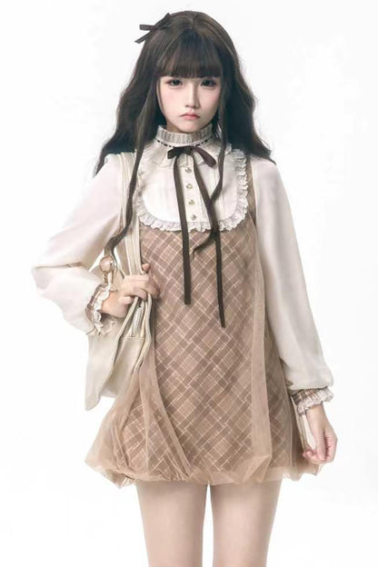 Brown Plaid Puff Dress