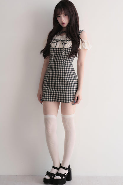 Small Checkered Off-Shoulder Tie Dress