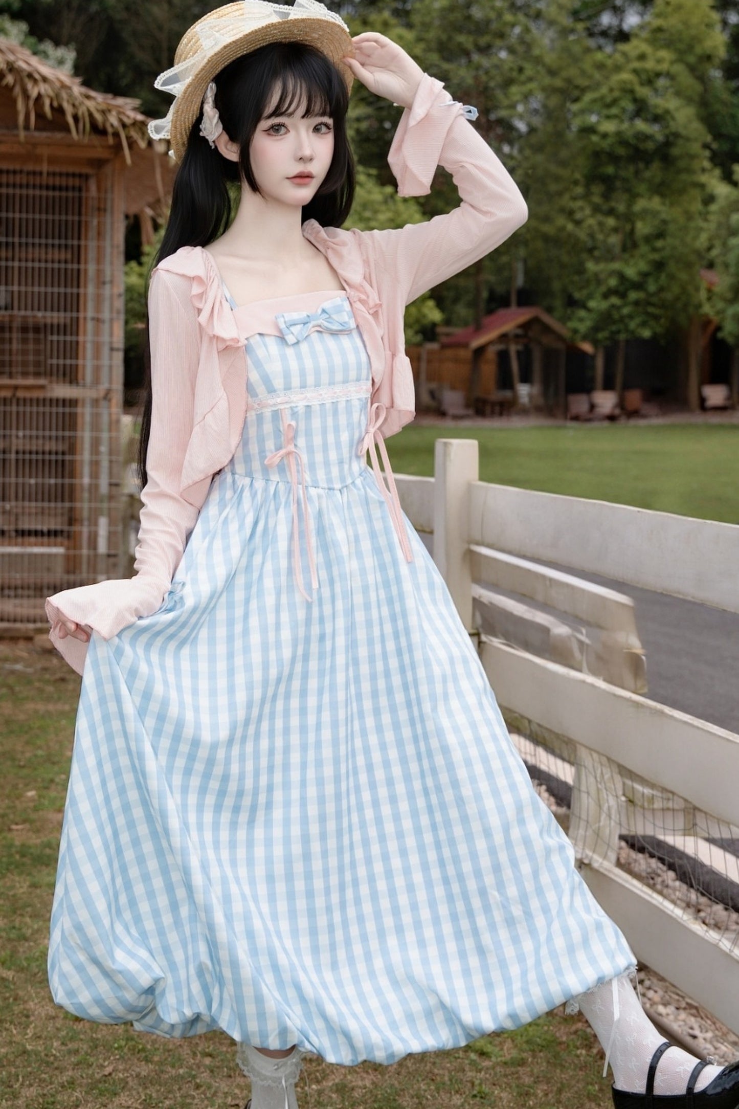 Sweet Plaid Ribbon Cami Dress & Cropped Jacket Set-Up