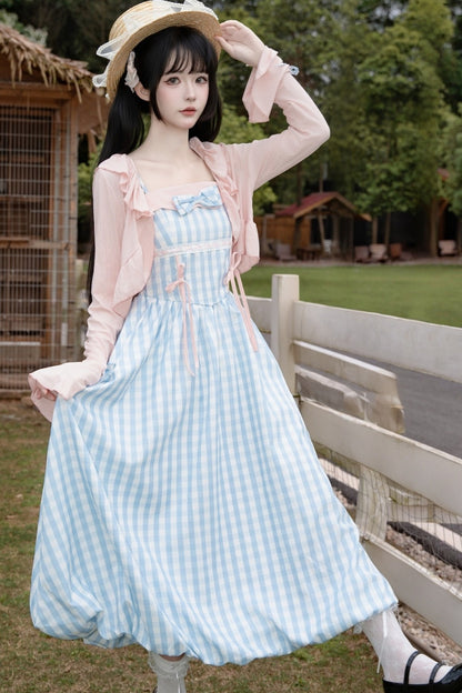 Sweet Plaid Ribbon Cami Dress & Cropped Jacket Set-Up