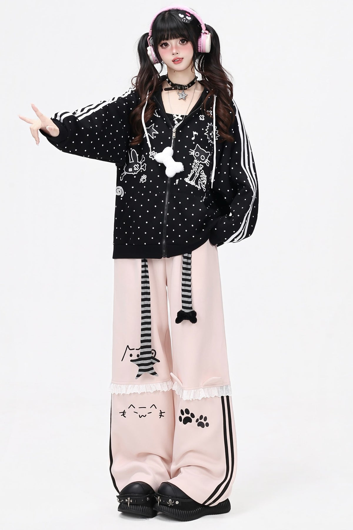 Skull Cat Ear Polka Dot Hooded Jacket
