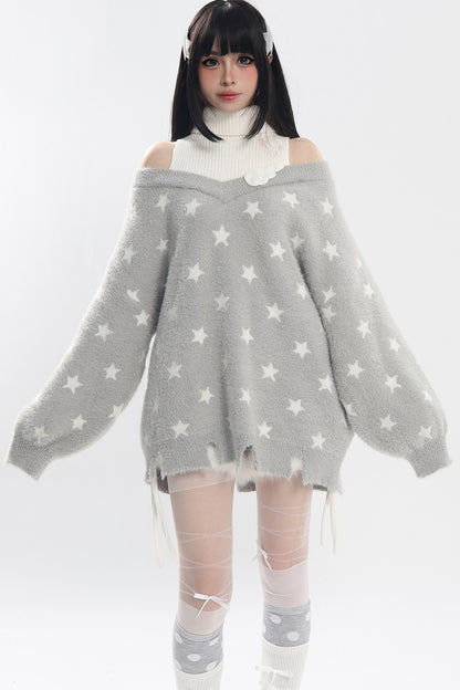 Star Off-Shoulder Layered-Look Sweater