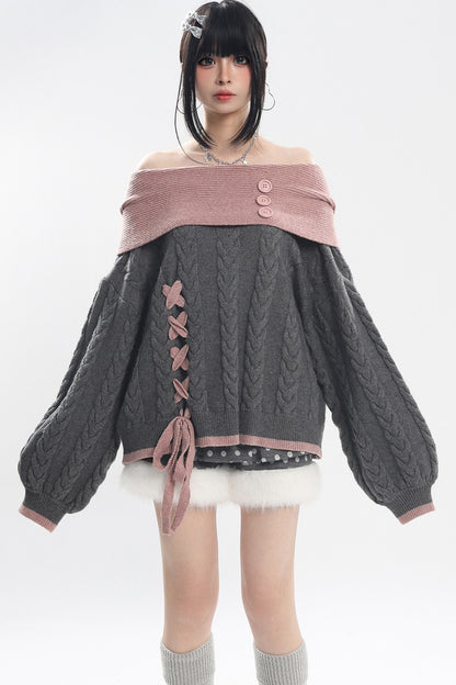Off-Shoulder Cat Heart Knit Sweater