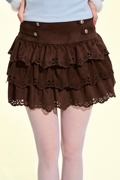 Brown Suede Multi-Layered Ruffle Cake Skirt