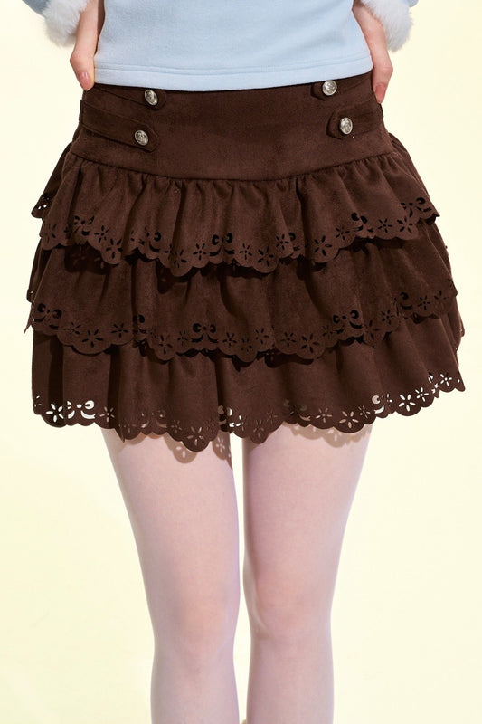 Brown Suede Multi-Layered Ruffle Cake Skirt