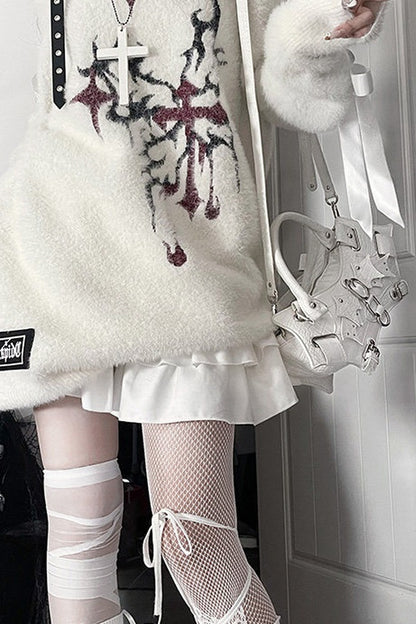 Leather Buckle Butterfly Print Off-Shoulder Sweater