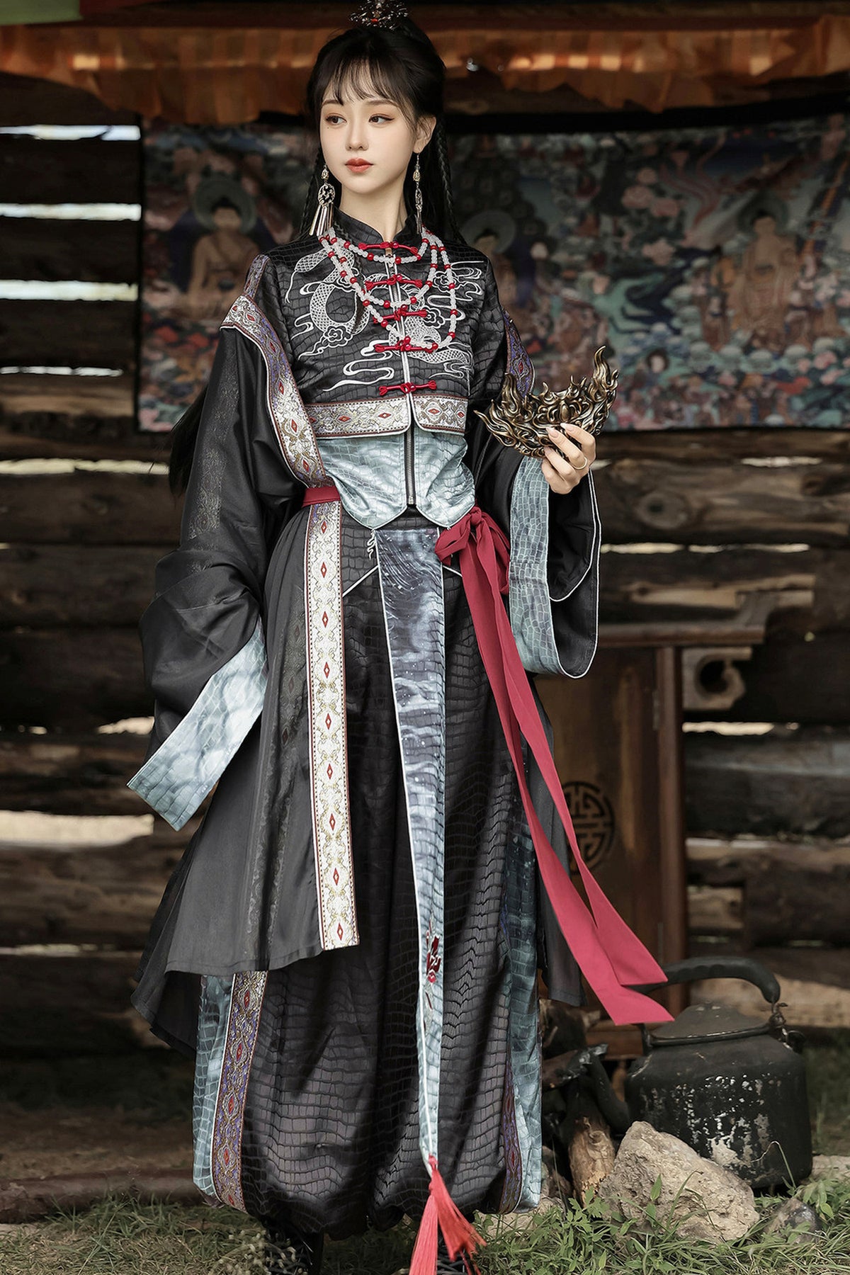 黑色武術漢服上衣與長褲套裝
