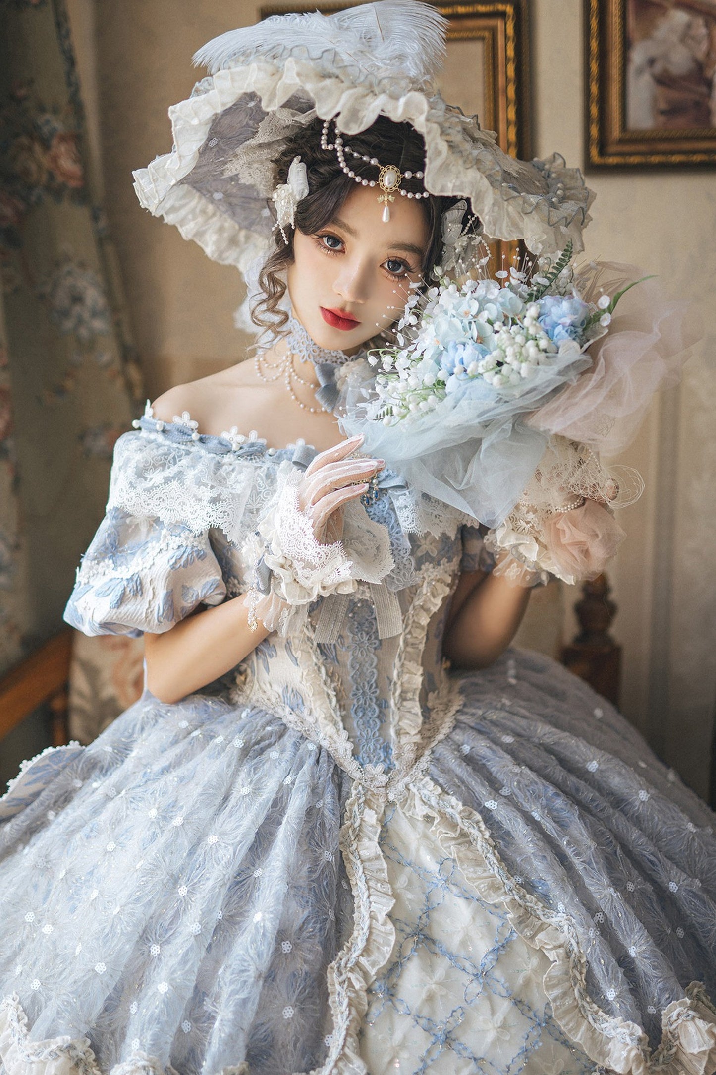 【9月10日予約締切】Pink/Blue Rococo Fantasy Puff Sleeve Ribbon Tiered Princess Lolita Dress Bridal＋Full set[Op Dress + Feather Hat + Choker + Back Ribbon Train + Lace Gloves]