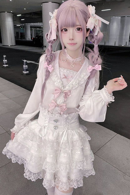 Sailor Collar Long-Sleeve Shirt and Tiered Skirt Set-Up