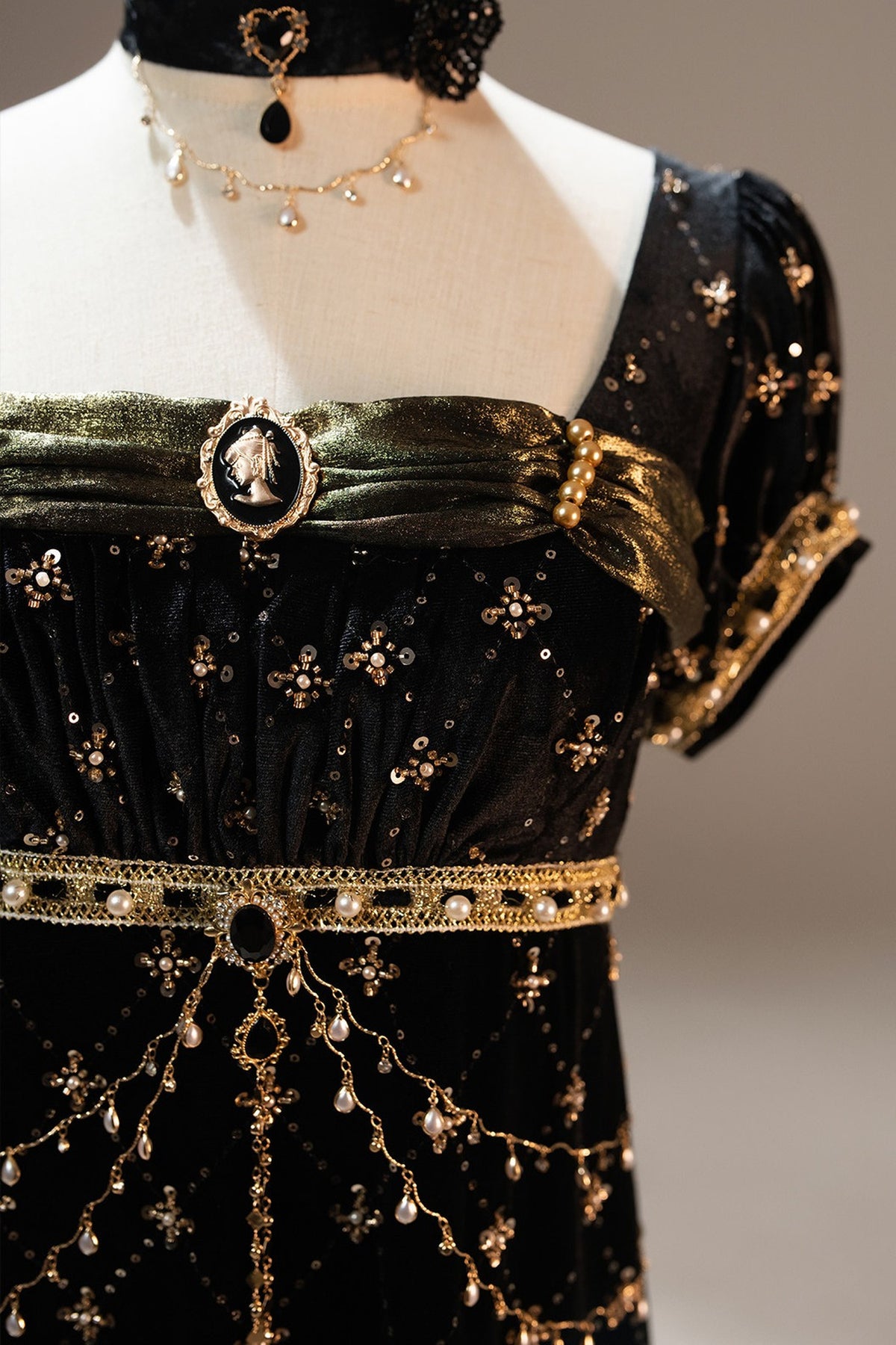 Black Gold Beaded Empire Dress