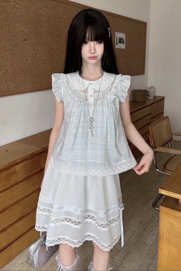 Light Blue Plaid Loose Doll Top and Skirt Set-Up