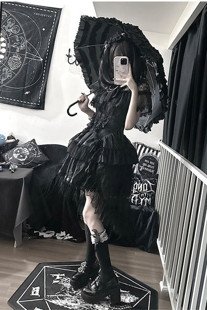 Gothic Short-Sleeve Tulle Waist Belt Dress Set-Up