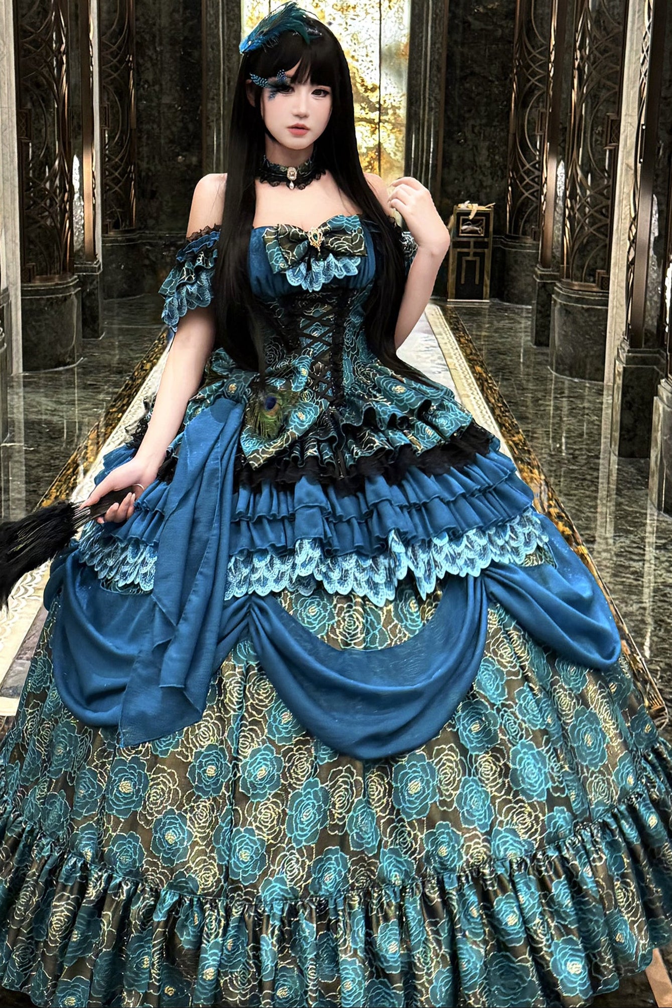 ブルーグリーンプリンセスロリータドレス+スカート+アクセサリー