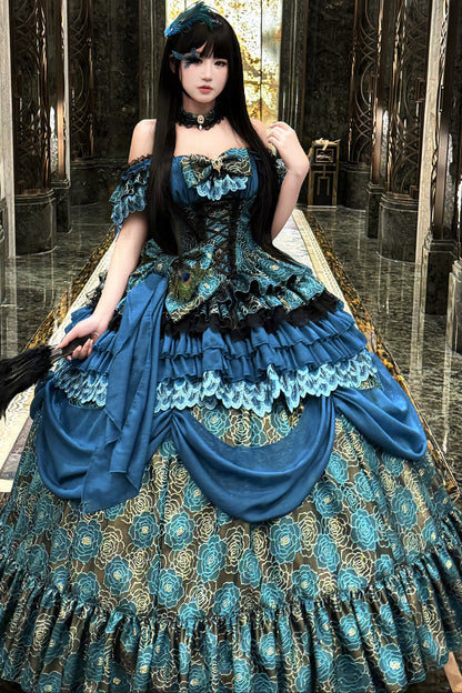 ブルーグリーンプリンセスロリータドレス+スカート+アクセサリー