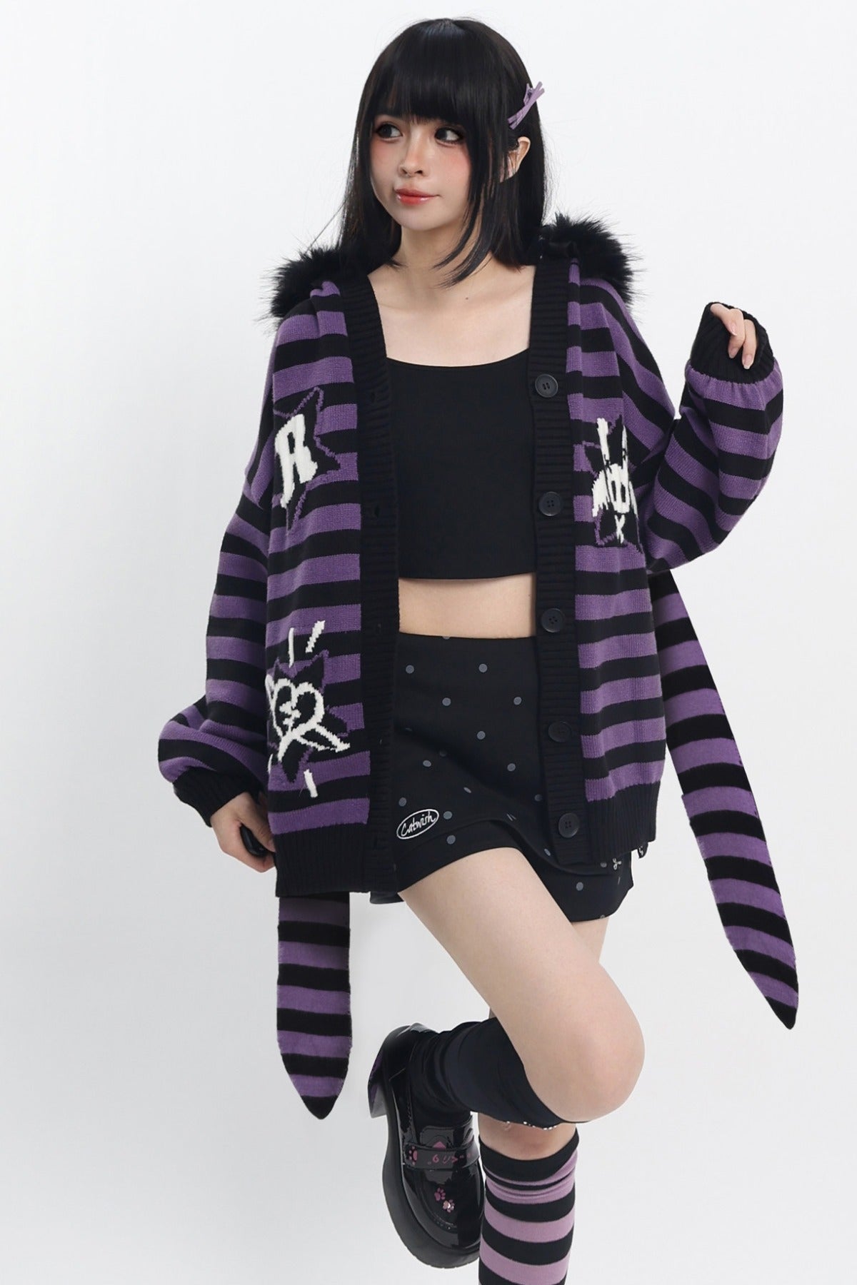 Y2K Purple Striped Fur Collar Cardigan
