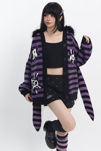 Y2K Purple Striped Fur Collar Cardigan