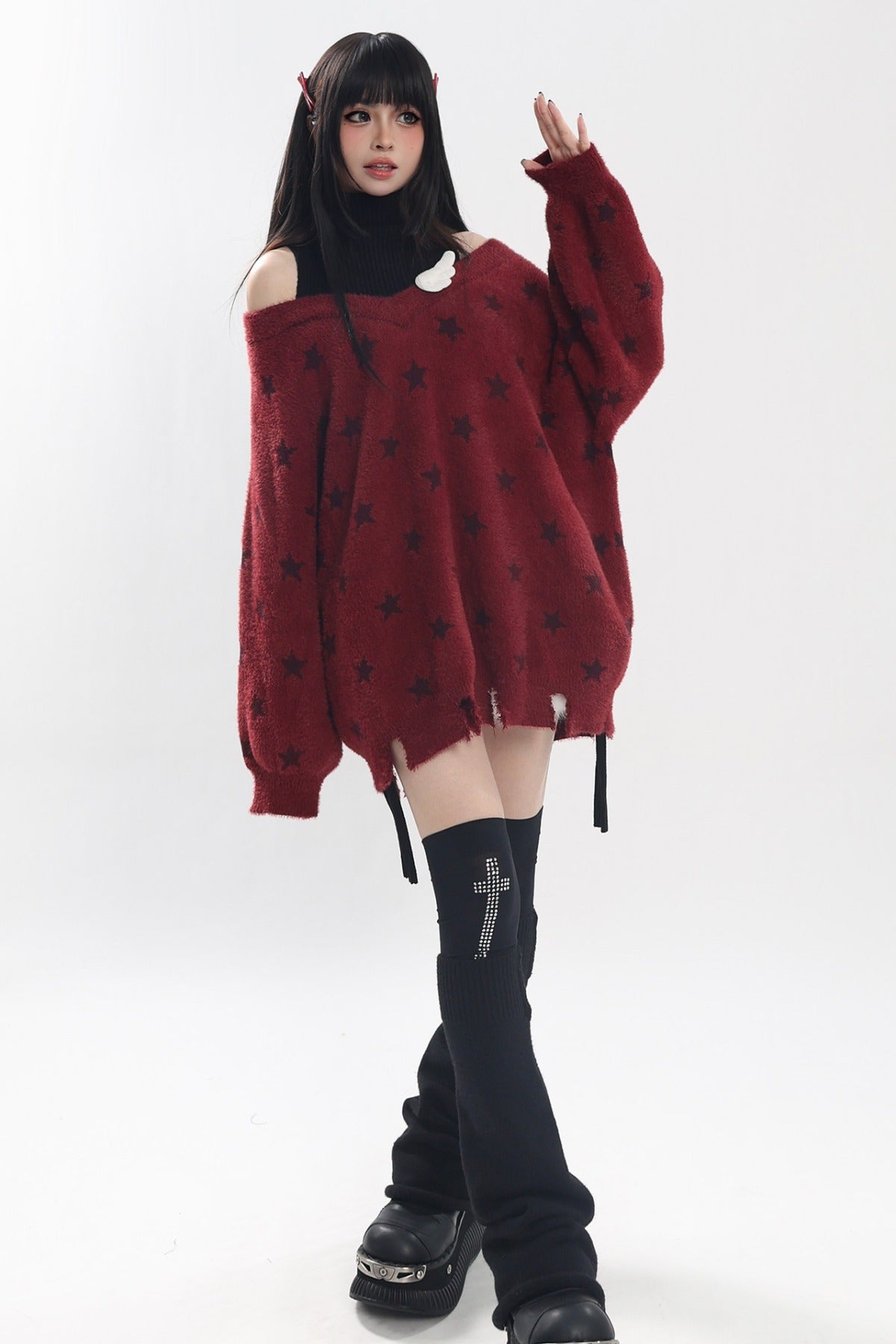 Star Off-Shoulder Layered-Look Sweater