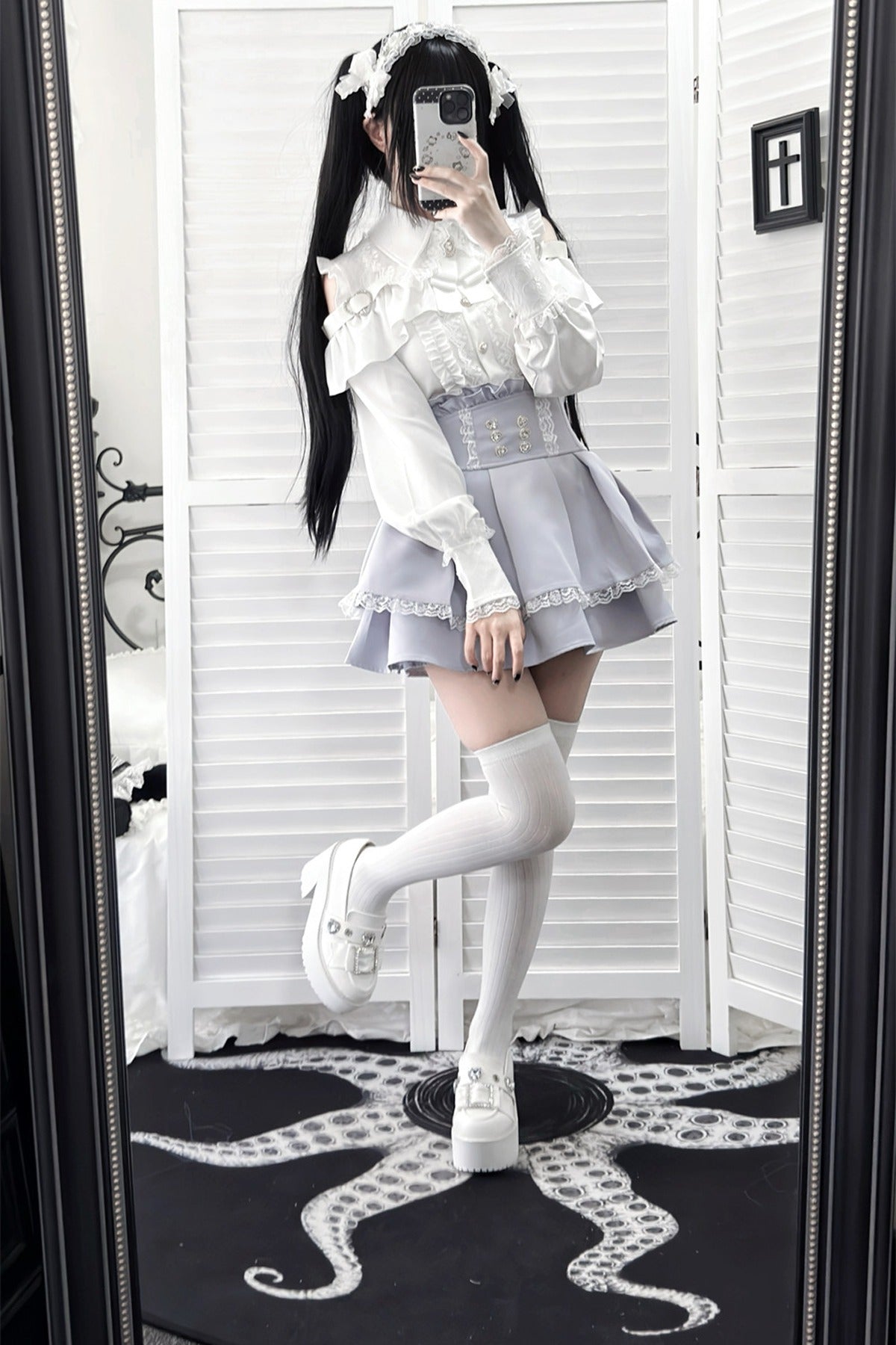 [Pre-order] Cold Shoulder Heart Buckle Long Sleeve Ruffle Lace Blouse with Bow Tie + Lace-Trim Pleated Mini Skirt Set