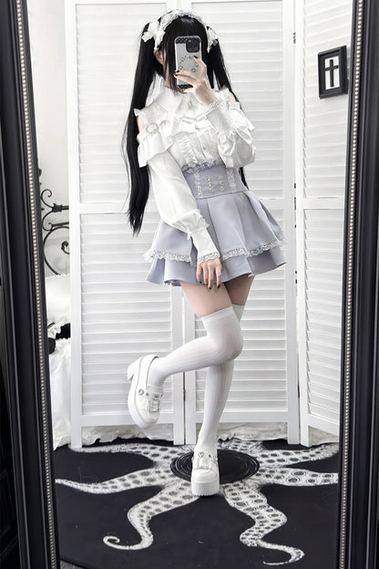 [Pre-order] Cold Shoulder Heart Buckle Long Sleeve Ruffle Lace Blouse with Bow Tie + Lace-Trim Pleated Mini Skirt Set