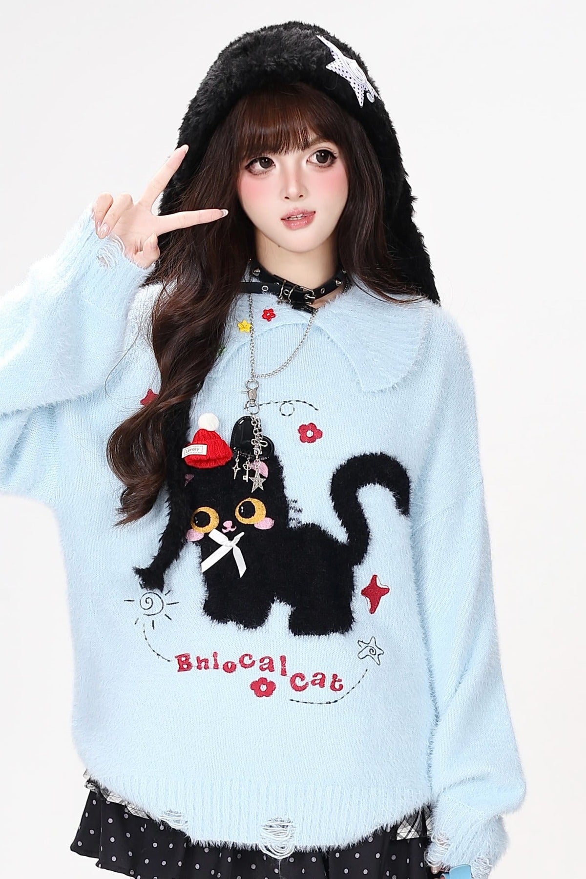 Black Cat Bow Knit Sweater