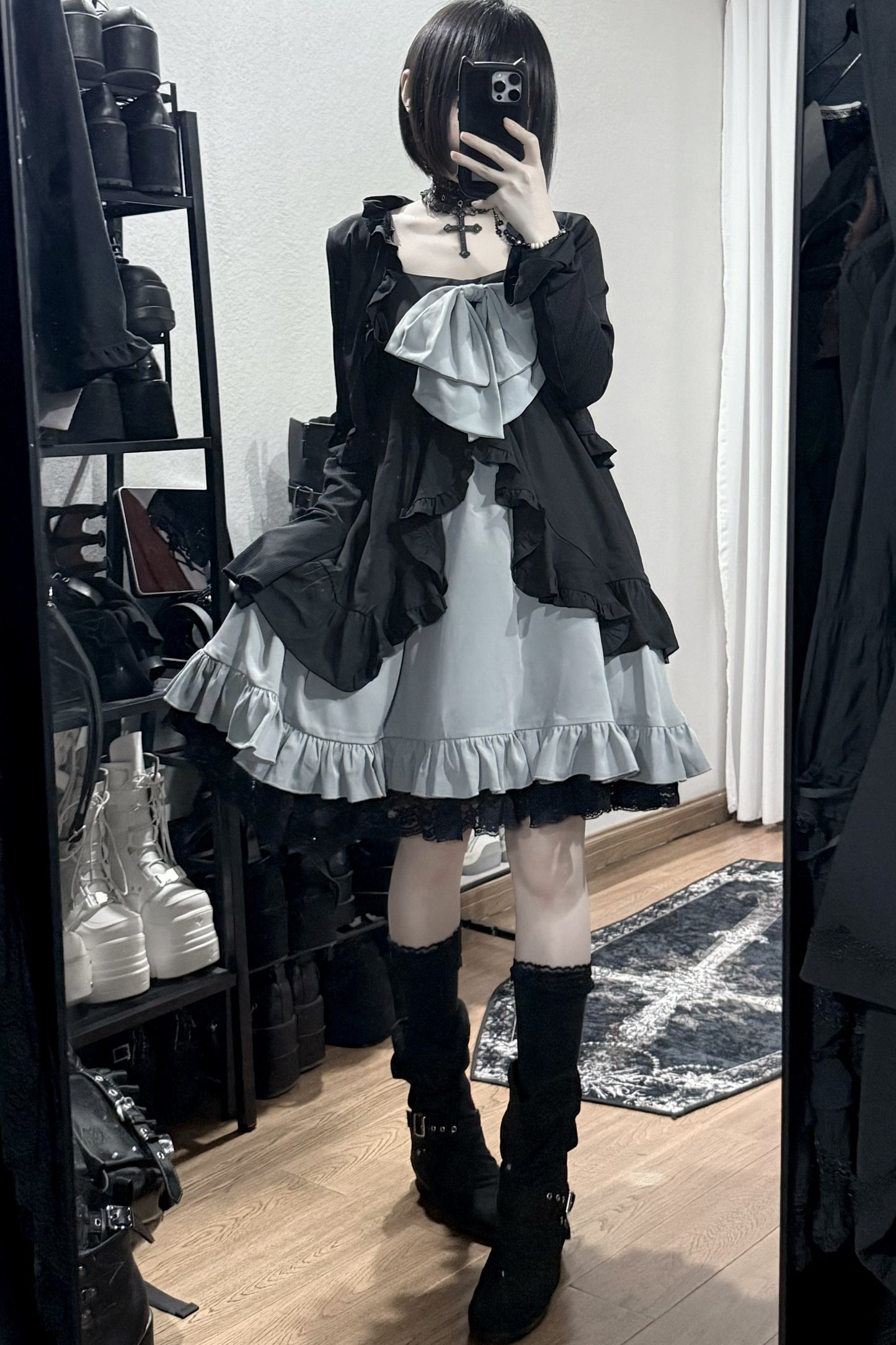Double-Layer Open-Front Large Bow Suspender Dress