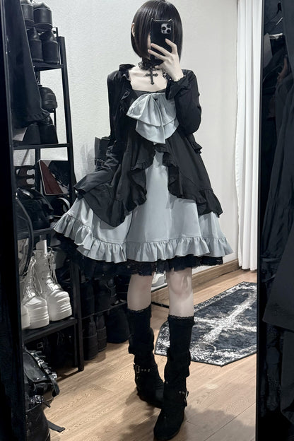 Double-Layer Open-Front Large Bow Suspender Dress