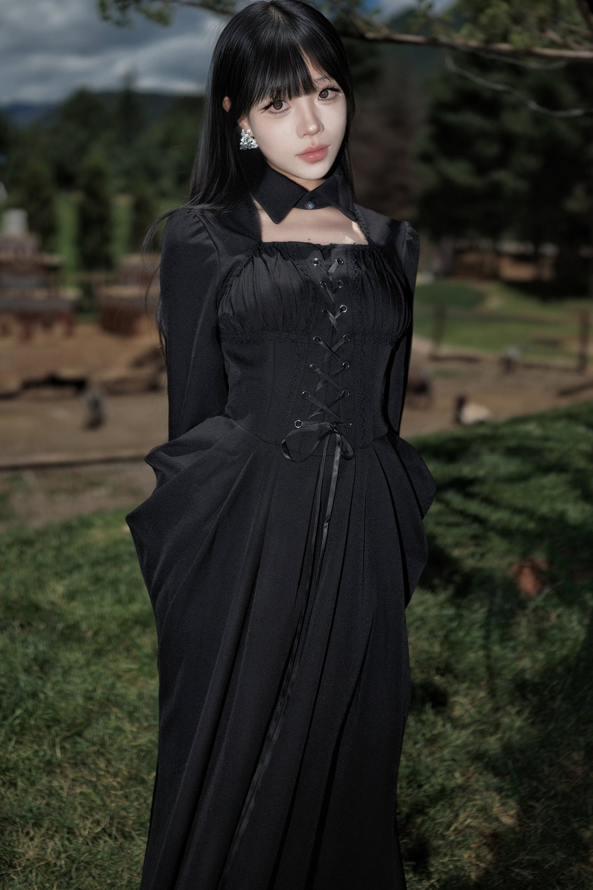 Black Cape Fishtail Long Dress