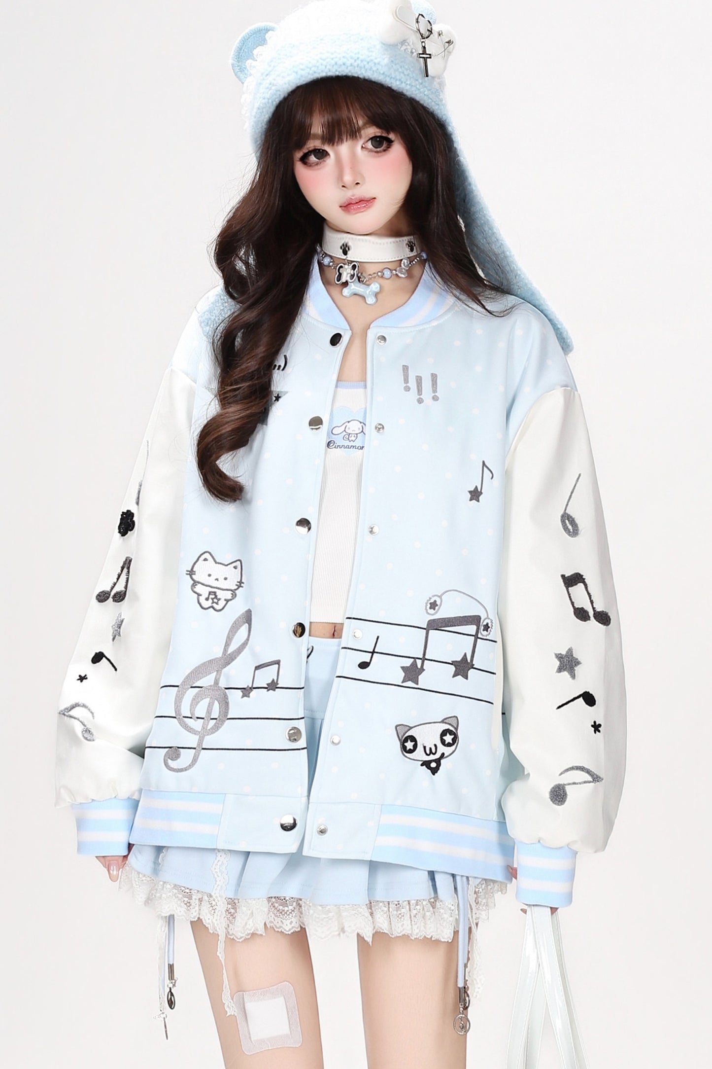 Musical Note Kitten Embroidery Baseball Jacket