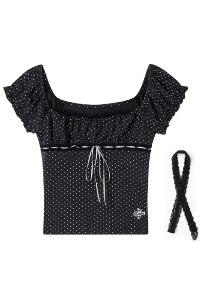 Polka Dot Lace Trim Tie-Up T-Shirt and Ruffle Skirt Set