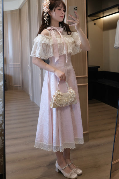 レースフリル清楚系ピンクロングワンピース