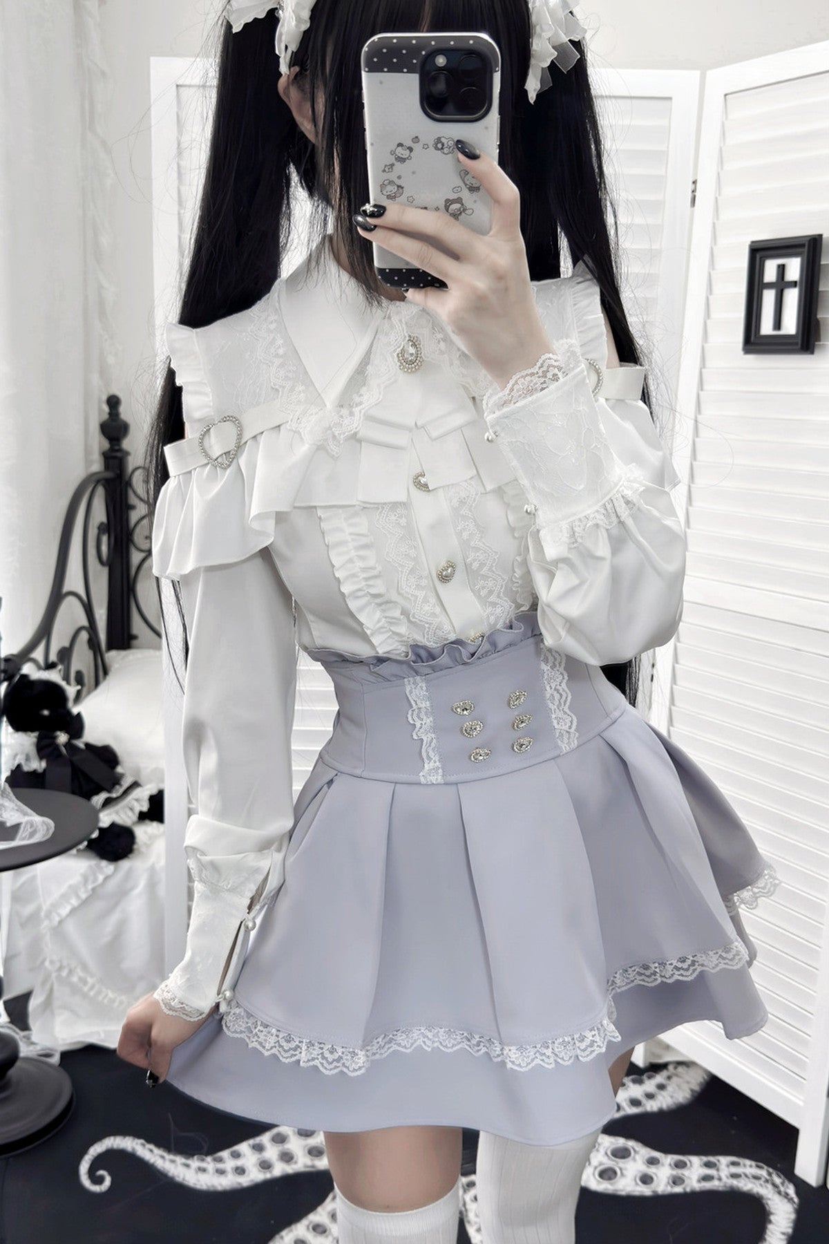 [Pre-order] Cold Shoulder Heart Buckle Long Sleeve Ruffle Lace Blouse with Bow Tie + Lace-Trim Pleated Mini Skirt Set