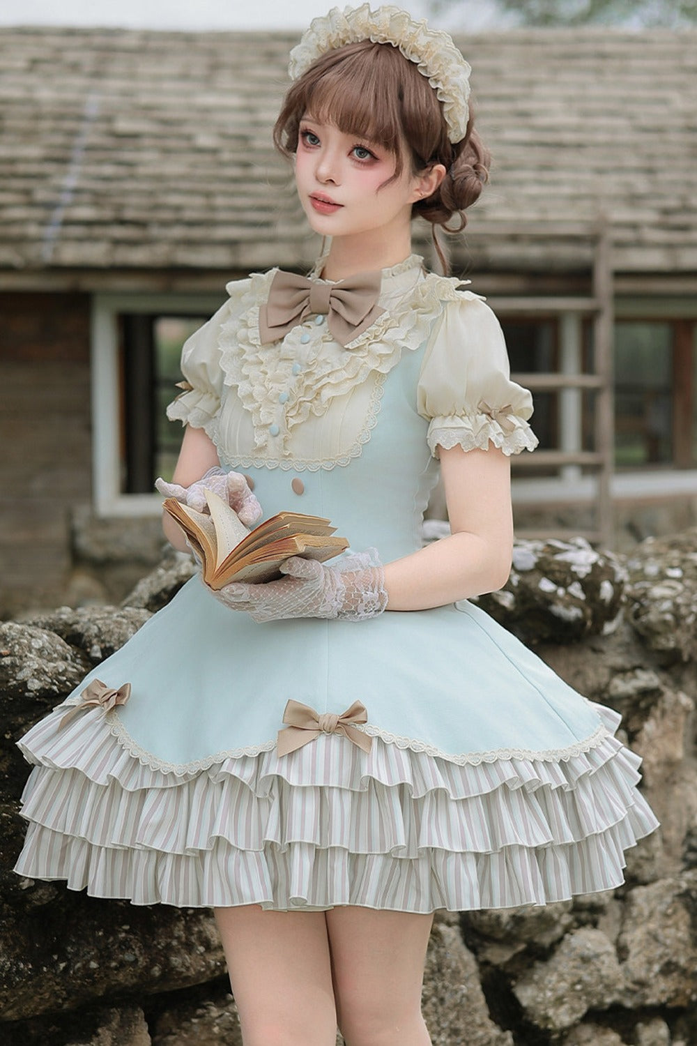 Lace Stand Collar Petal Hem Ruffle Dress