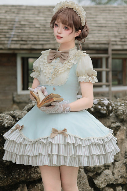 Lace Stand Collar Petal Hem Ruffle Dress