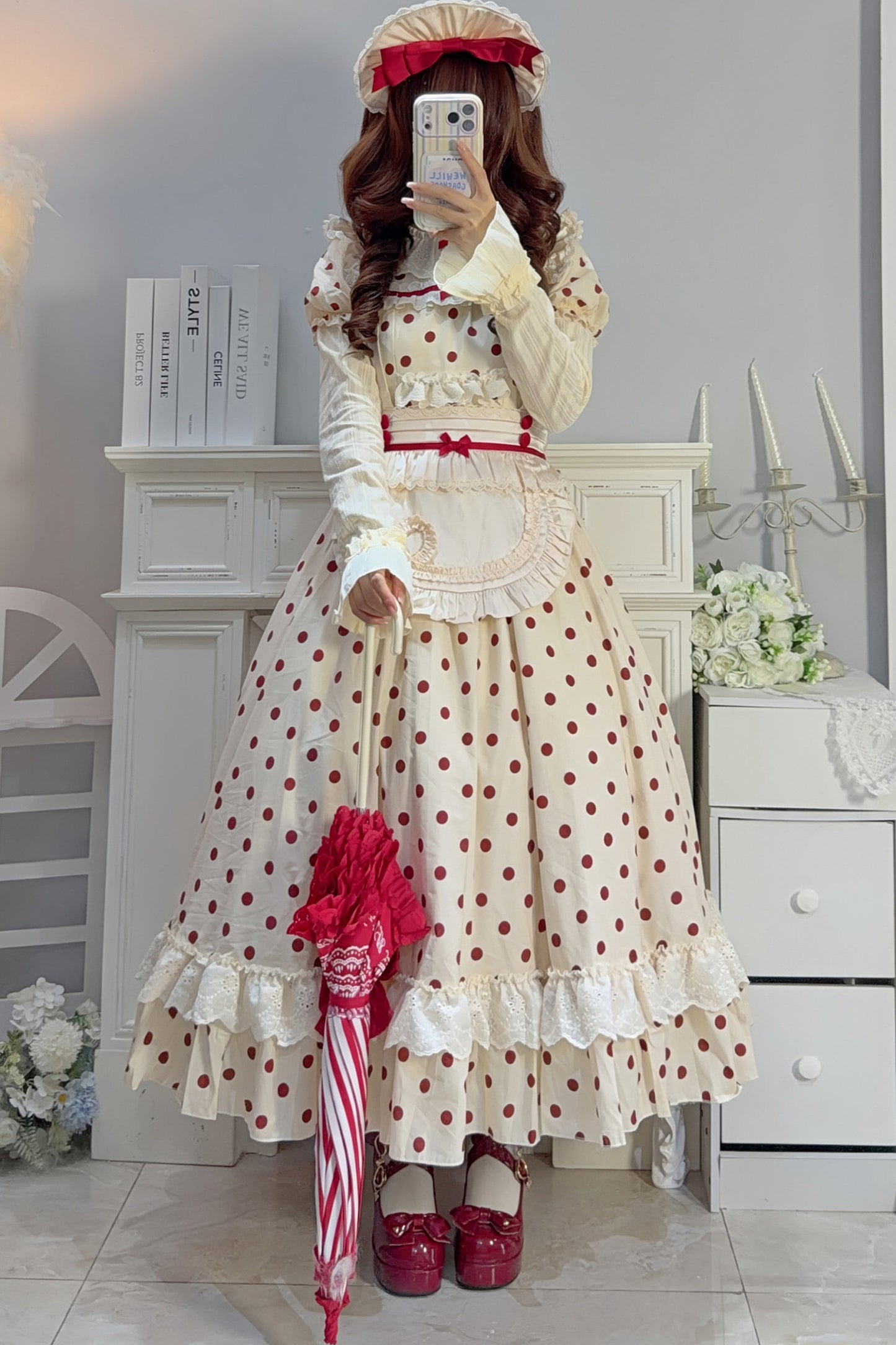 Cotton Polka Dot Print OP Dress Set-Up