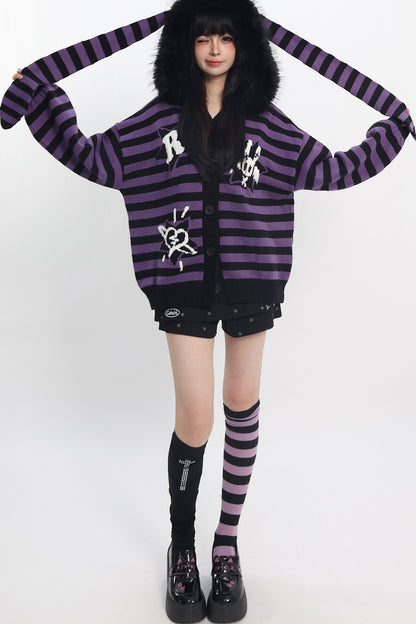 Y2K Purple Striped Fur Collar Cardigan